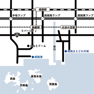 JR・山陽電鉄姫路駅→姫路港の地図